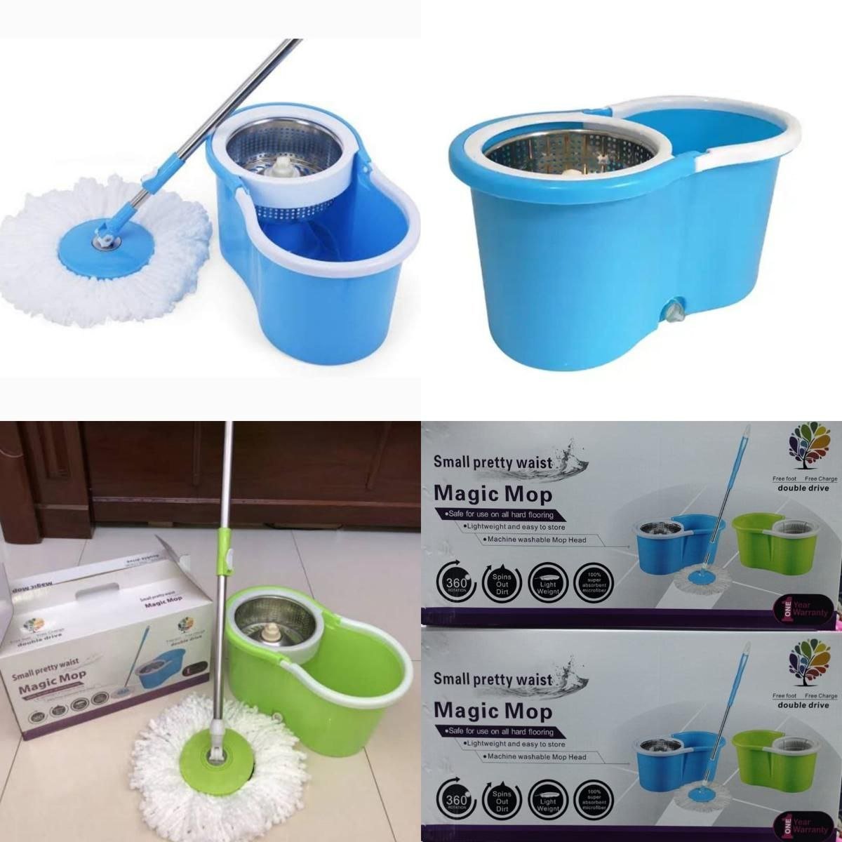 360° ROTATING EASY WRING SPIN SPINNING MOP FLOOR BUCKET SET 2 MICROFIBRE HEADS